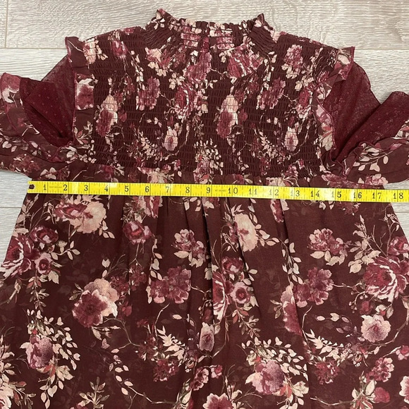 Skylar & Jade Burgundy Sheer Floral Long Sleeve Blouse Lace Ruffle Detail S - Picture 8 of 12